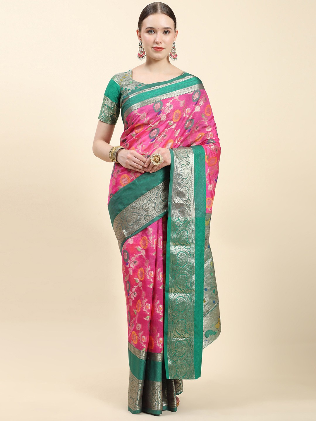 

Ekta Textiles Ethnic Motifs Woven Design Zari Pure Silk Banarasi Saree, Pink