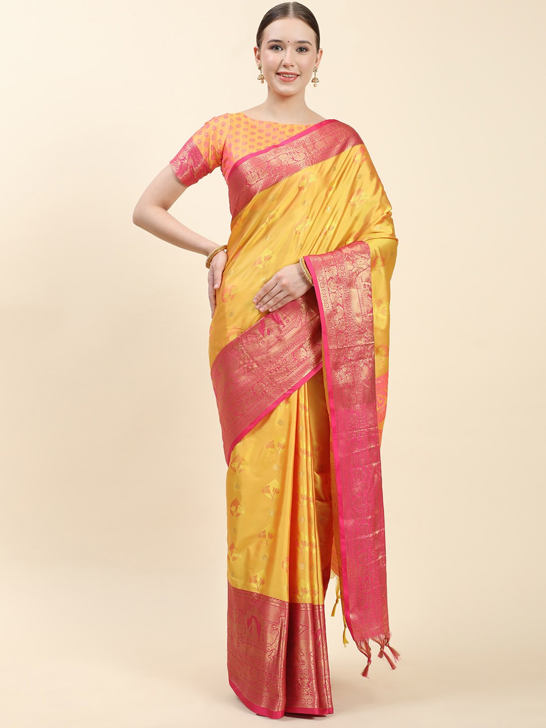 

Ekta Textiles Ethnic Motifs Woven Design Zari Pure Silk Kanjeevaram Saree, Yellow