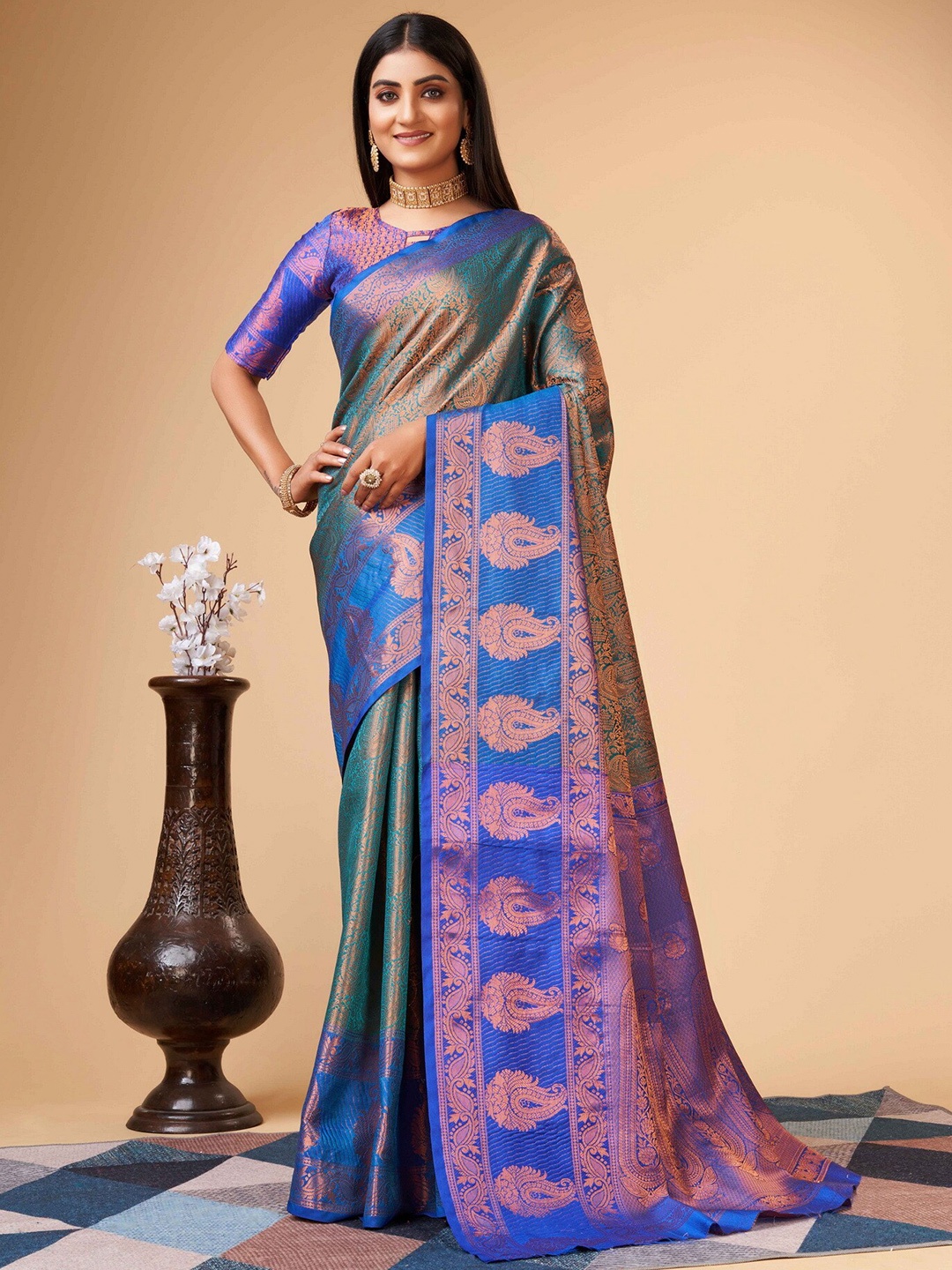 

Ekta Textiles Ethnic Motifs Woven Design Zari Pure Silk Designer Banarasi Saree, Turquoise blue