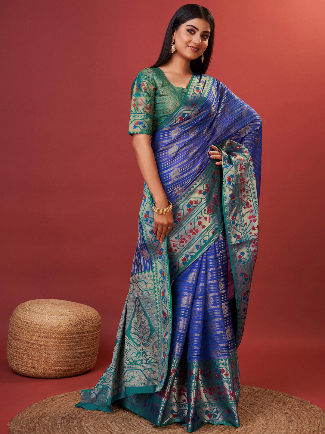 

Ekta Textiles Ethnic Motifs Woven Design Zari Pure Silk Designer Banarasi Saree, Blue