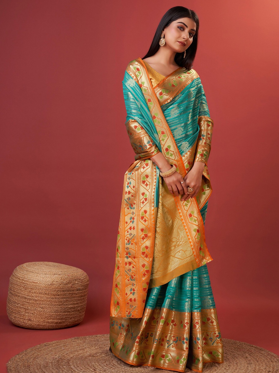 

Ekta Textiles Ethnic Motifs Woven Design Zari Pure Silk Designer Banarasi Saree, Turquoise blue