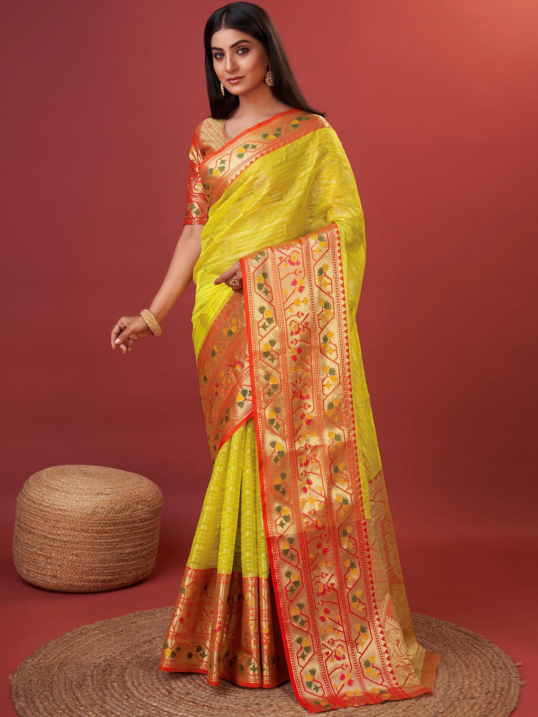 

Ekta Textiles Zari Pure Silk Banarasi Saree, Yellow