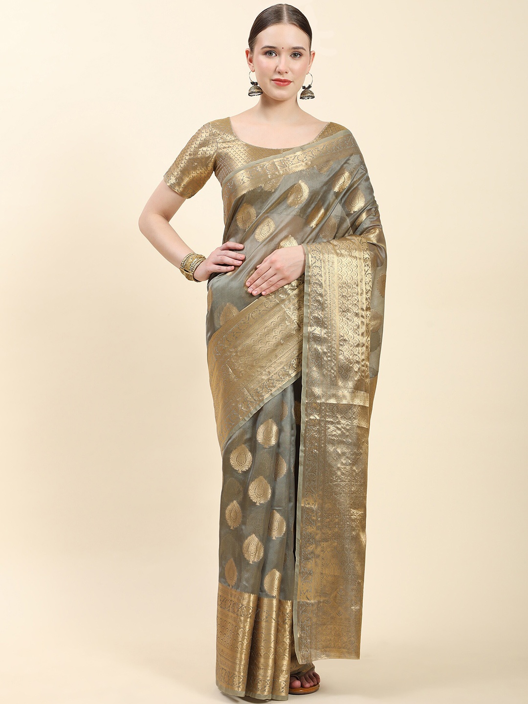 

Ekta Textiles Ethnic Motifs Woven Design Zari Organza Banarasi Saree, Grey