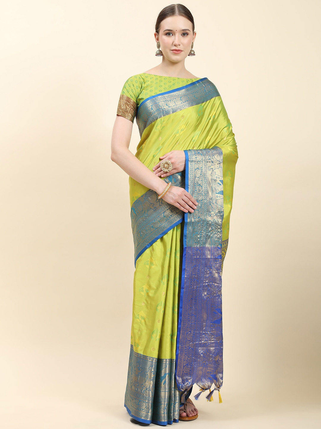 

Ekta Textiles Ethnic Motifs Woven Design Zari Pure Silk Kanjeevaram Saree, Green