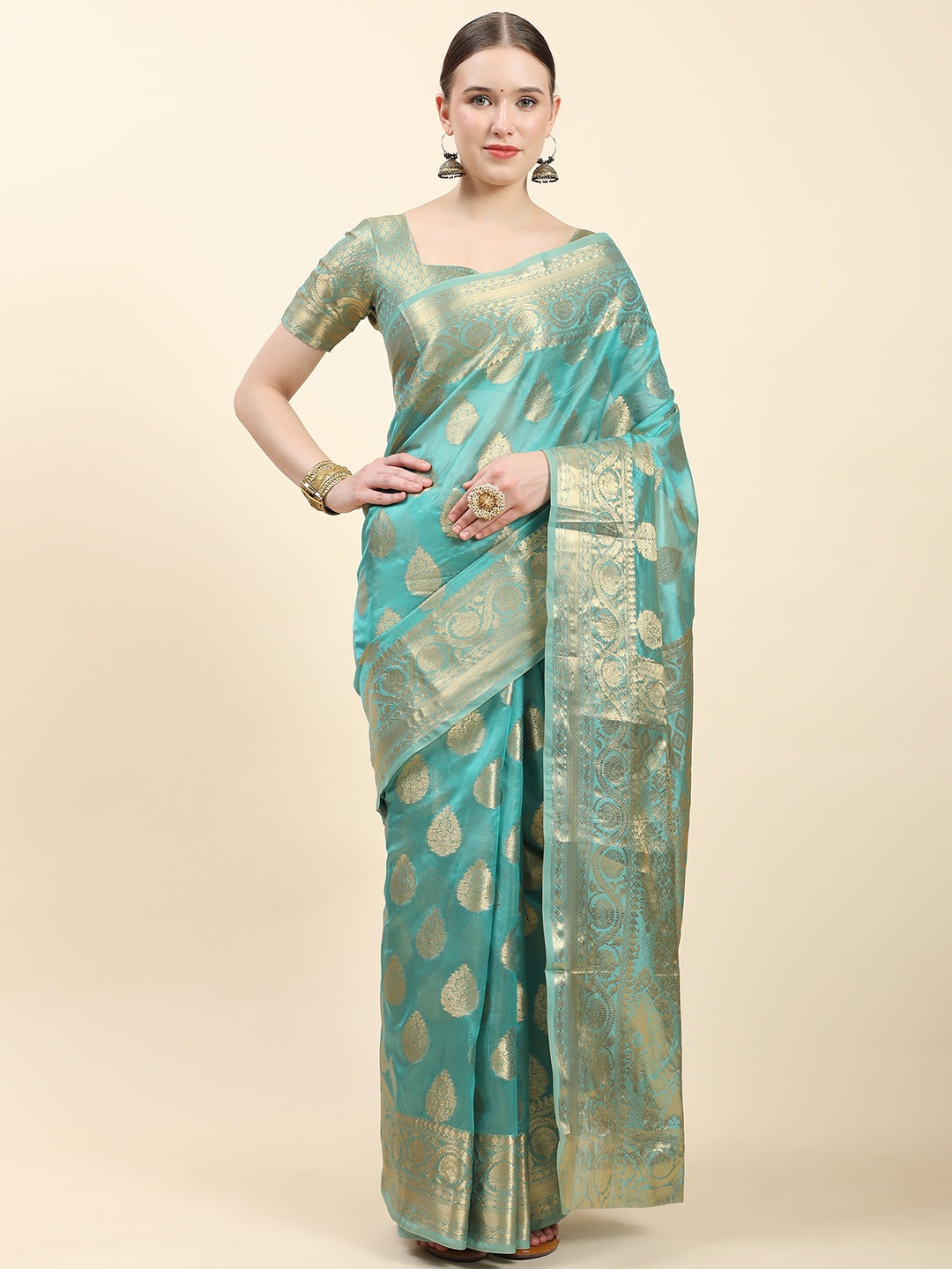 

Ekta Textiles Ethnic Motifs Woven Design Zari Organza Banarasi Saree, Blue