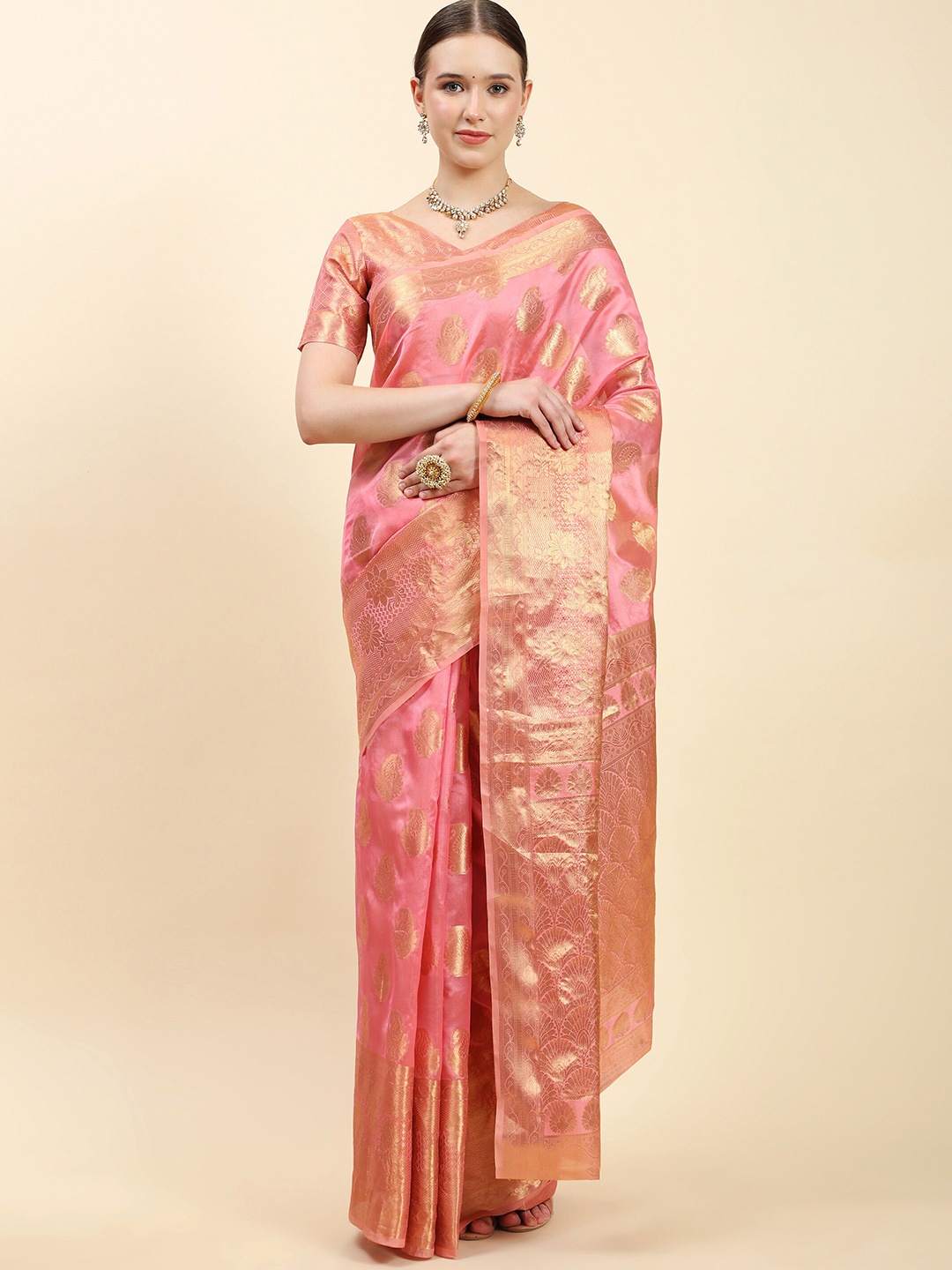 

Ekta Textiles Ethnic Motifs Woven Design Zari Organza Designer Banarasi Saree, Pink