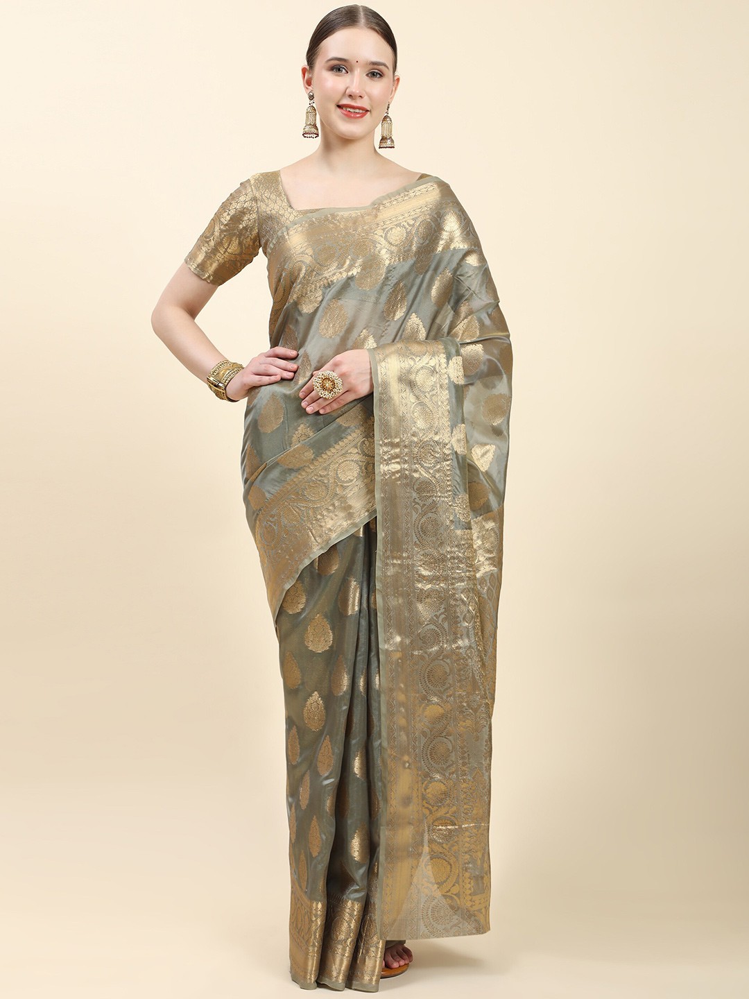 

Ekta Textiles Ethnic Motifs Woven Design Zari Organza Banarasi Saree, Grey