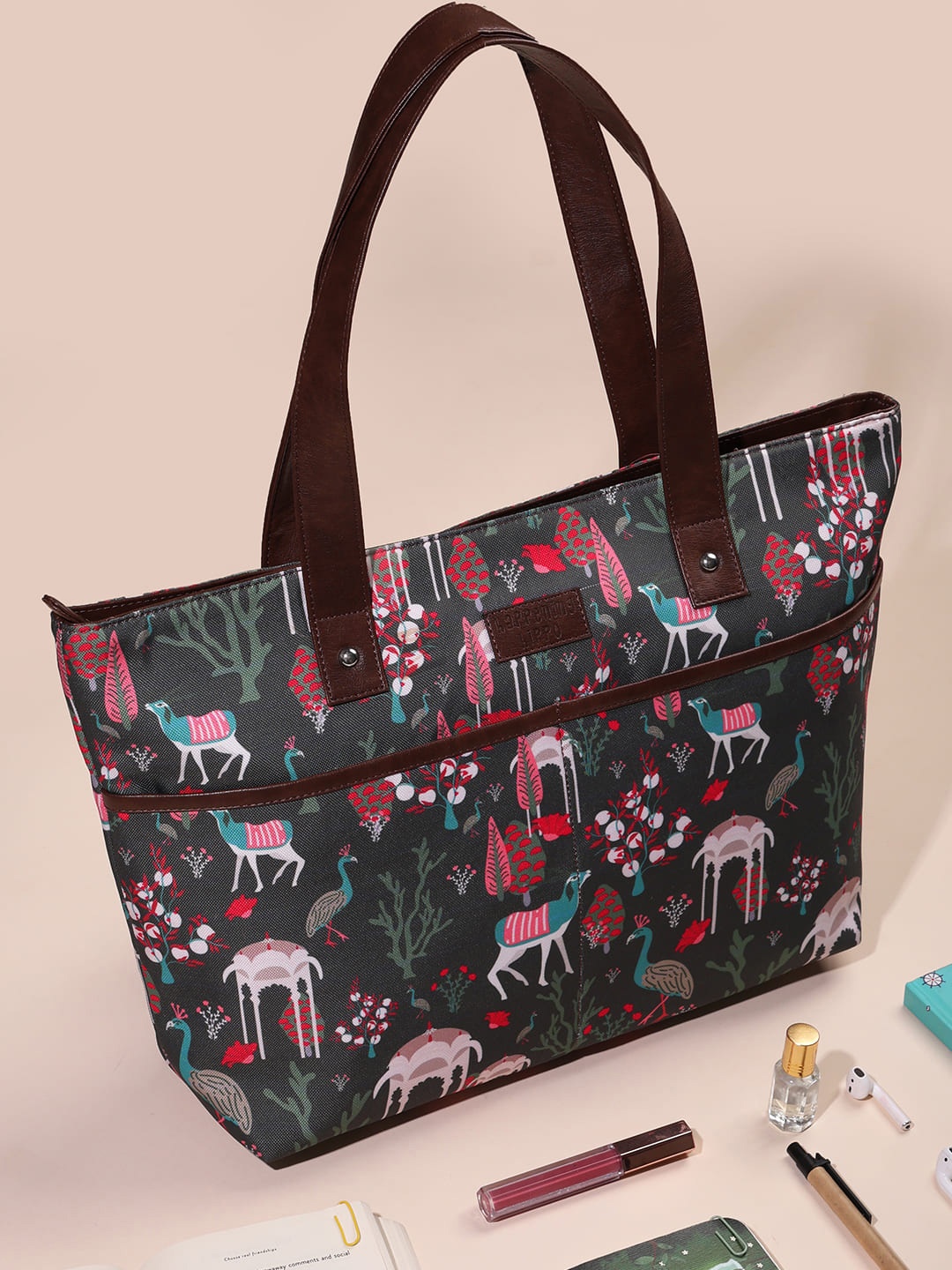 

Happening Hippo Vegan Leather Floral Printed Oversized Structured Shoulder Bag, Grey