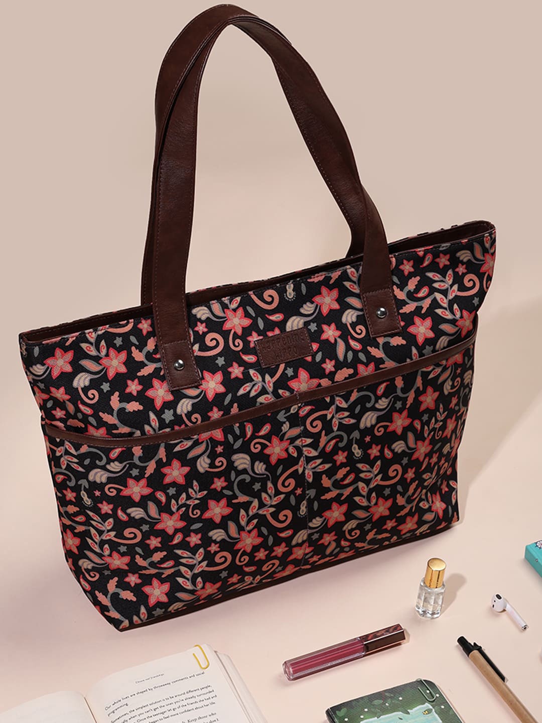 

Happening Hippo Floral Printed Structured Handheld Bag, Black