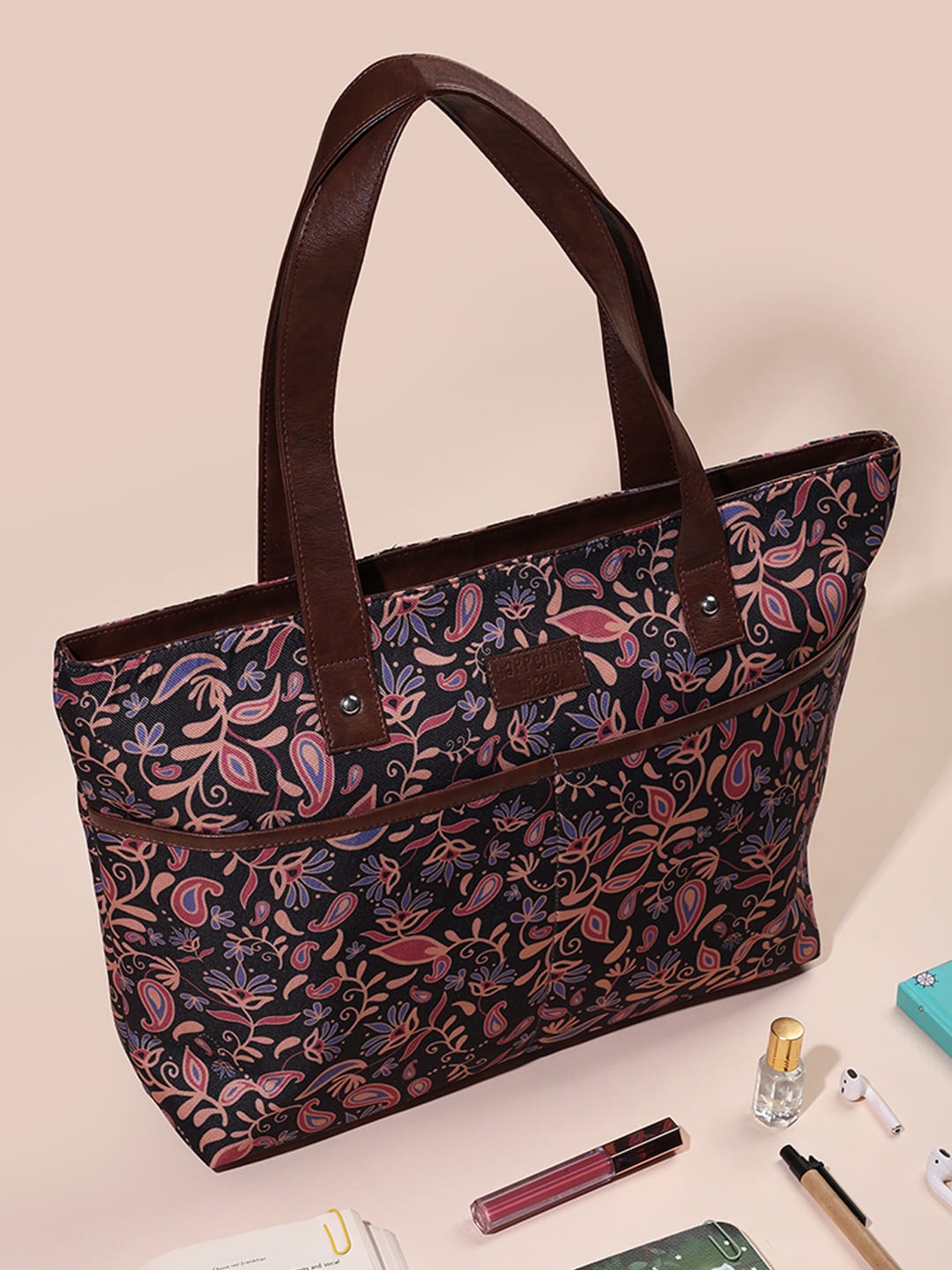 

Happening Hippo Vegan Leather Floral Printed Oversized Structured Shoulder Bag, Black
