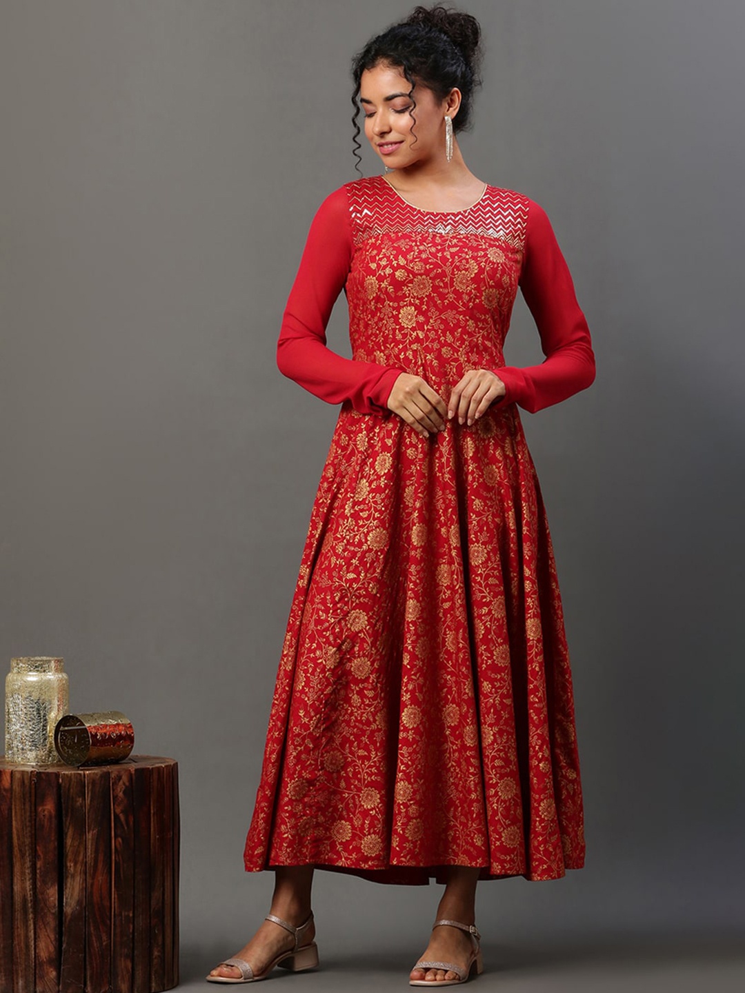 

AURELIA Floral Printed Sequinned A-Line Ethnic Dress, Red