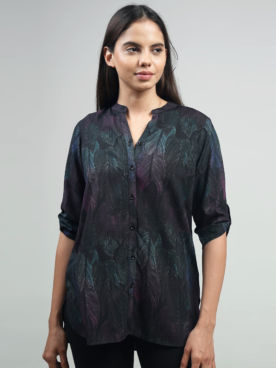 

IDK Tropical Printed Mandarin Collar Roll-Up Sleeves Longline Shirt Style Top, Black