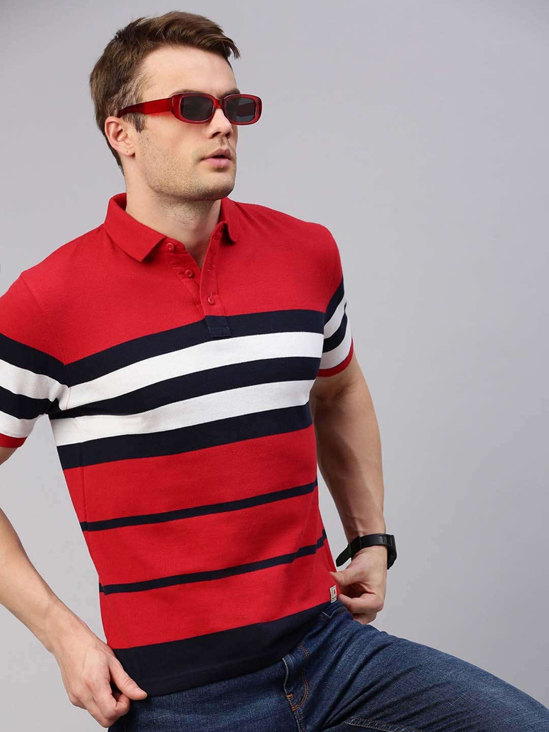 

ONN Striped Polo Collar Pure Cotton T-shirt, Red