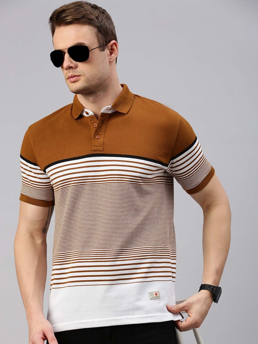 

ONN Striped Polo Collar Pure Cotton T-shirt, Brown