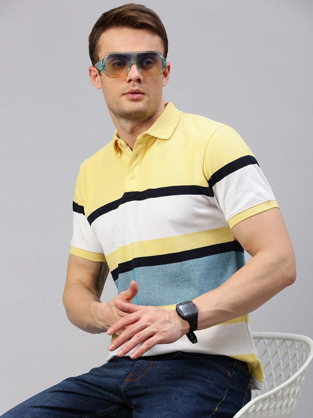 

ONN Striped Polo Collar Pure Cotton T-shirt, Yellow