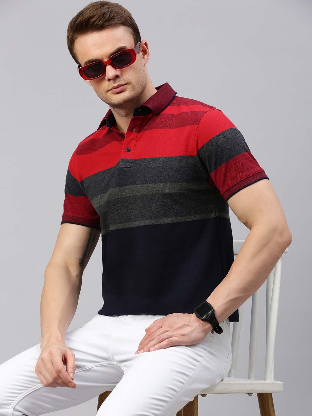 

ONN Striped Polo Collar Pure Cotton T-shirt, Red