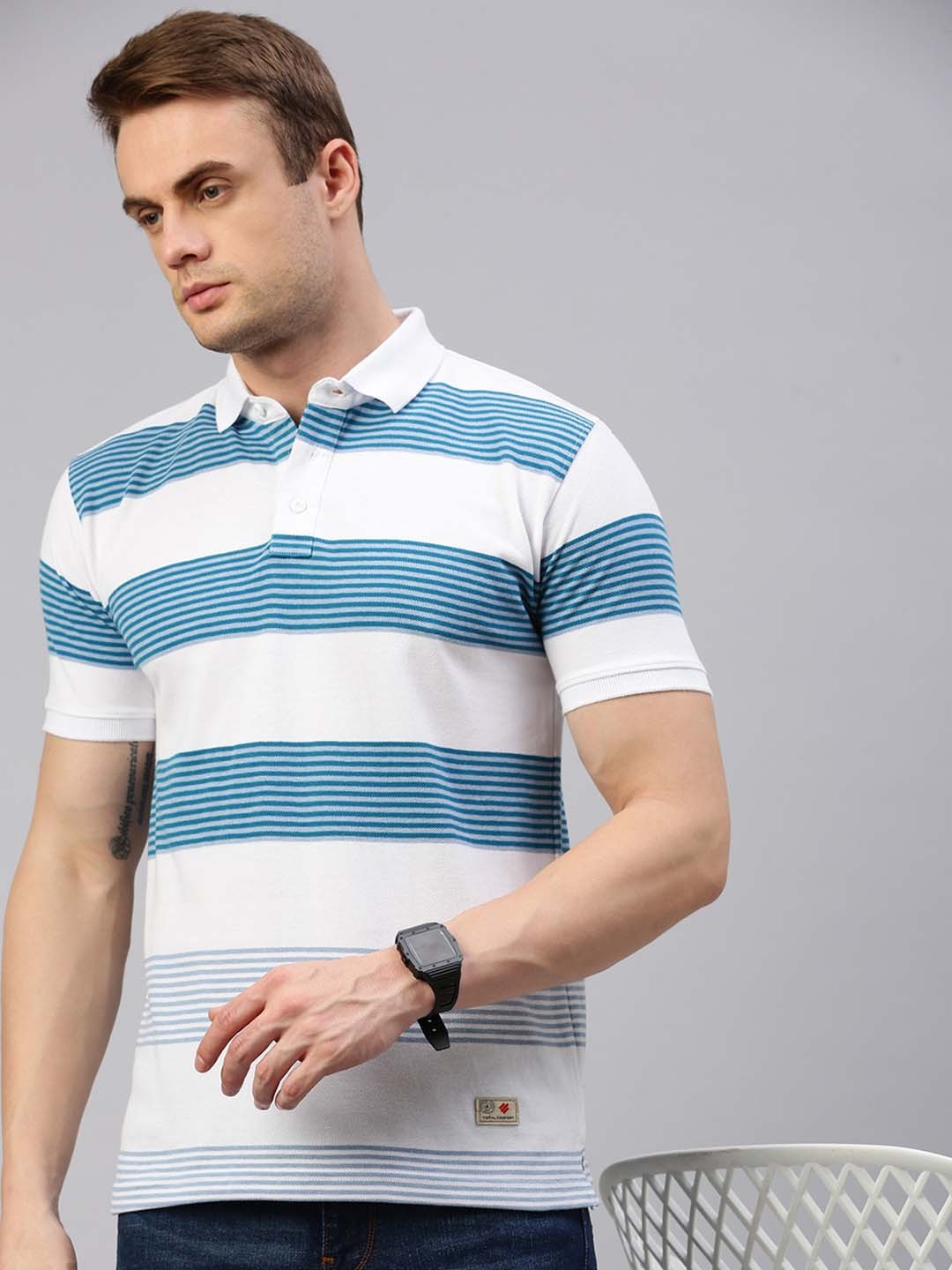 

ONN Striped Polo Collar Pure Cotton T-shirt, White