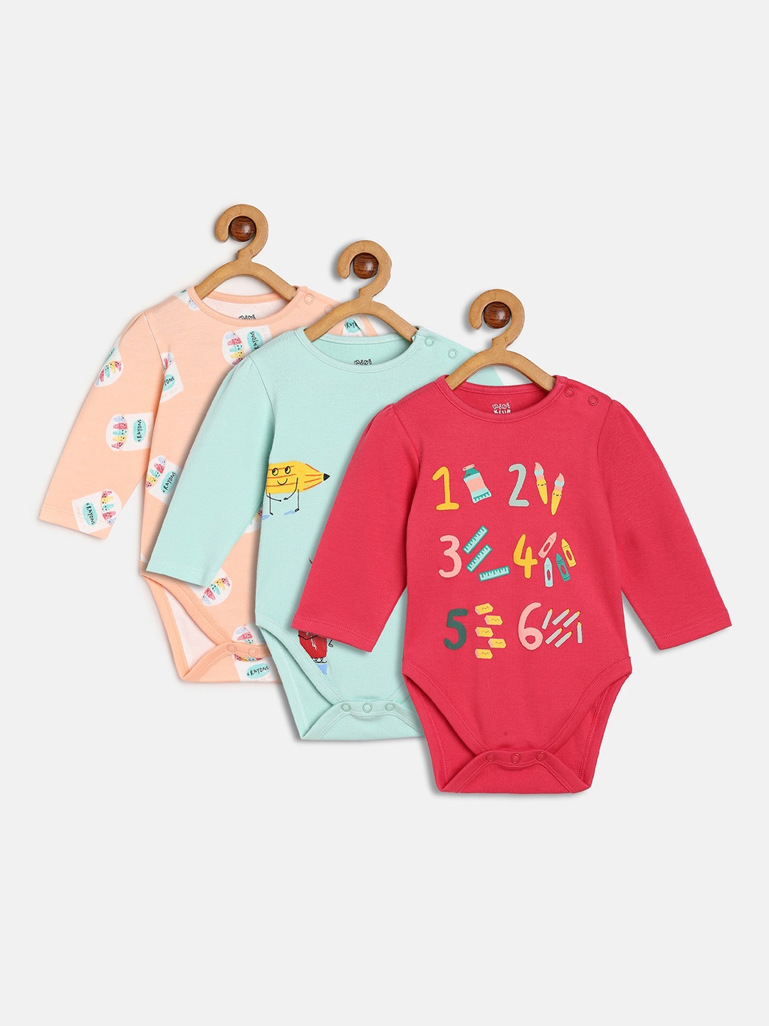 

MINI KLUB Infant Girls Pack Of 3 Printed Pure Cotton Bodysuit, Red