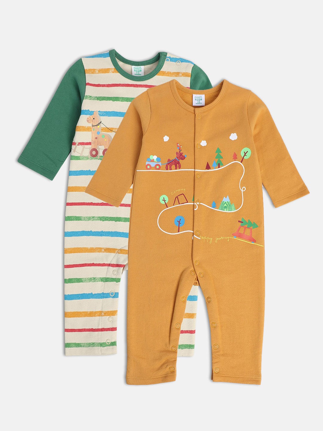 

MINI KLUB Infant Boys Pack Of 2 Printed Pure Cotton Rompers, Mustard