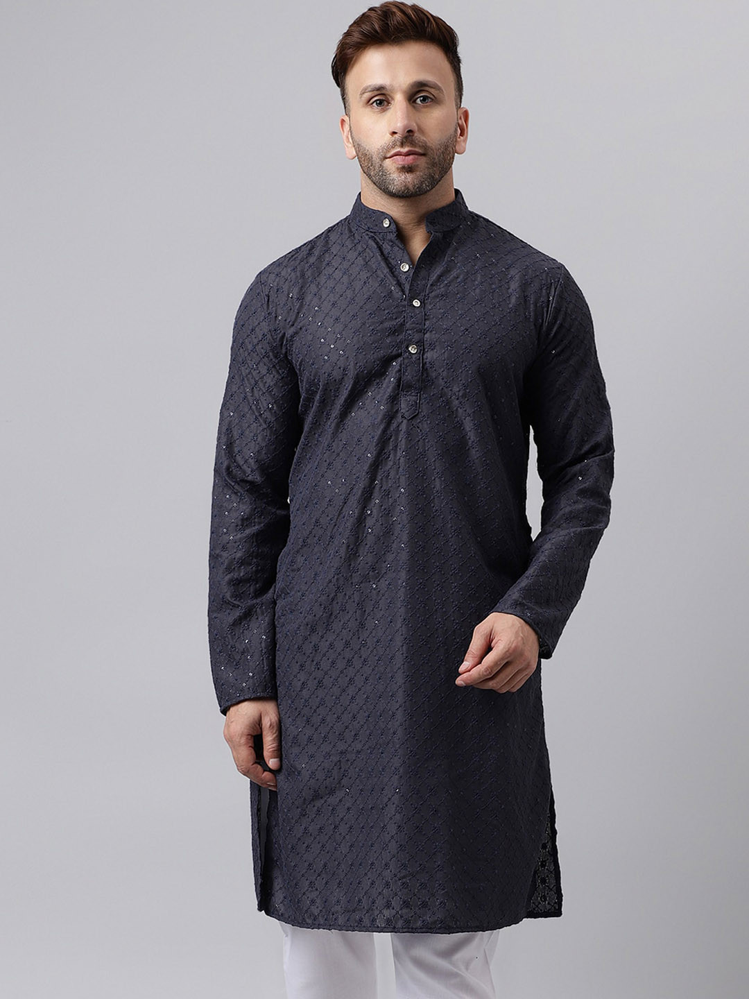 

Hangup Geometric Embroidered Mandarin Collar Sequins Kurta, Black