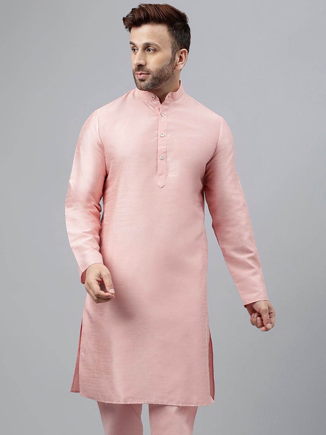 

Hangup Band Collar Long Sleeve Dupion Silk Straight Kurta, Pink
