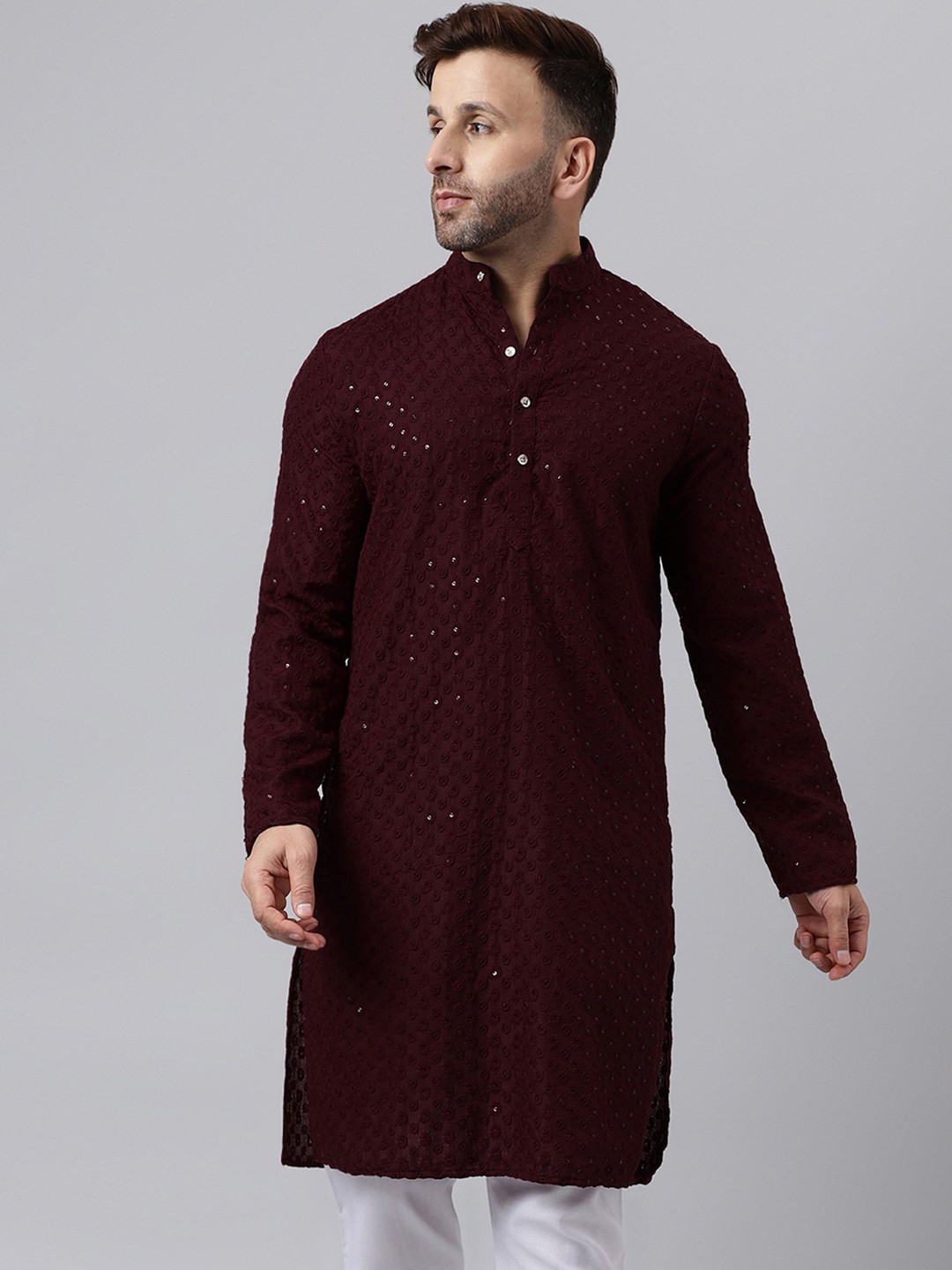 

Hangup Geometric Embroidered Band Collar Long Sleeve Sequins Straight Kurta, Maroon