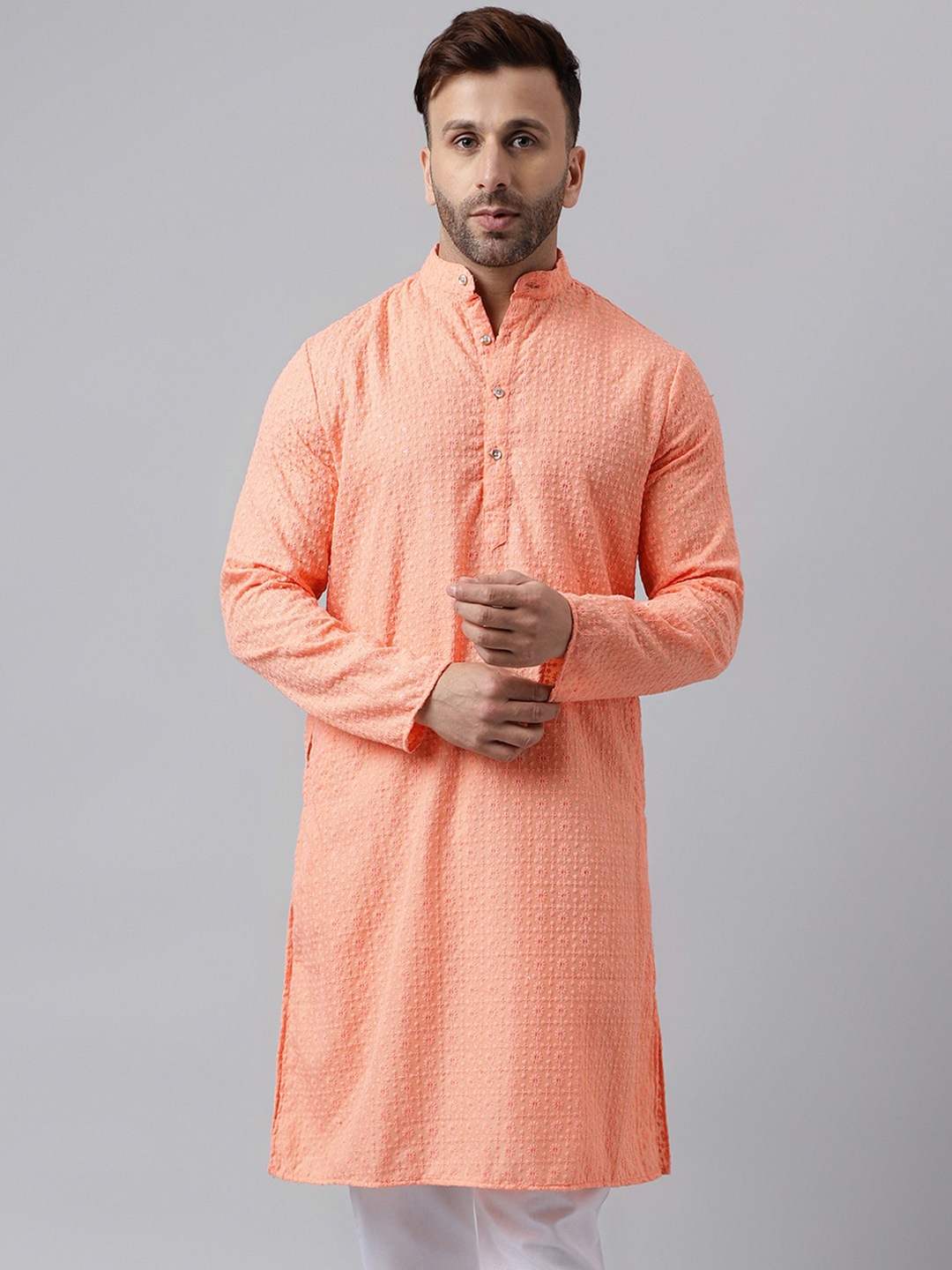 

Hangup Geometric Embroidered Band Collar Long Sleeve Sequins Straight Kurta, Peach