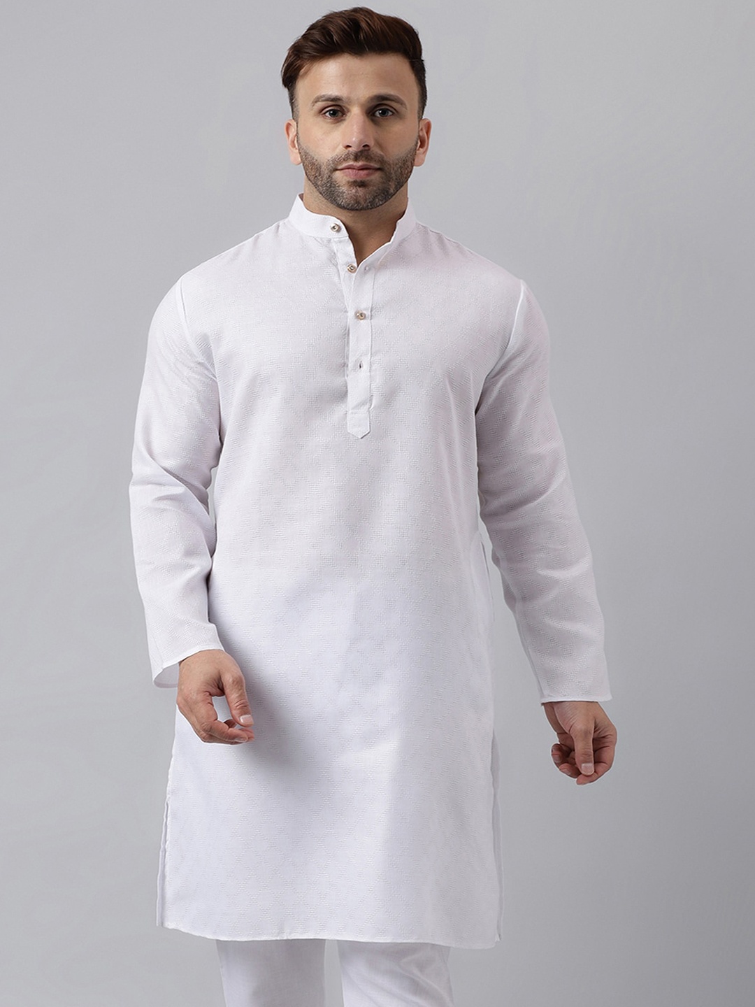 

Hangup Band Collar Long Sleeve Jacquard Straight Kurta, White
