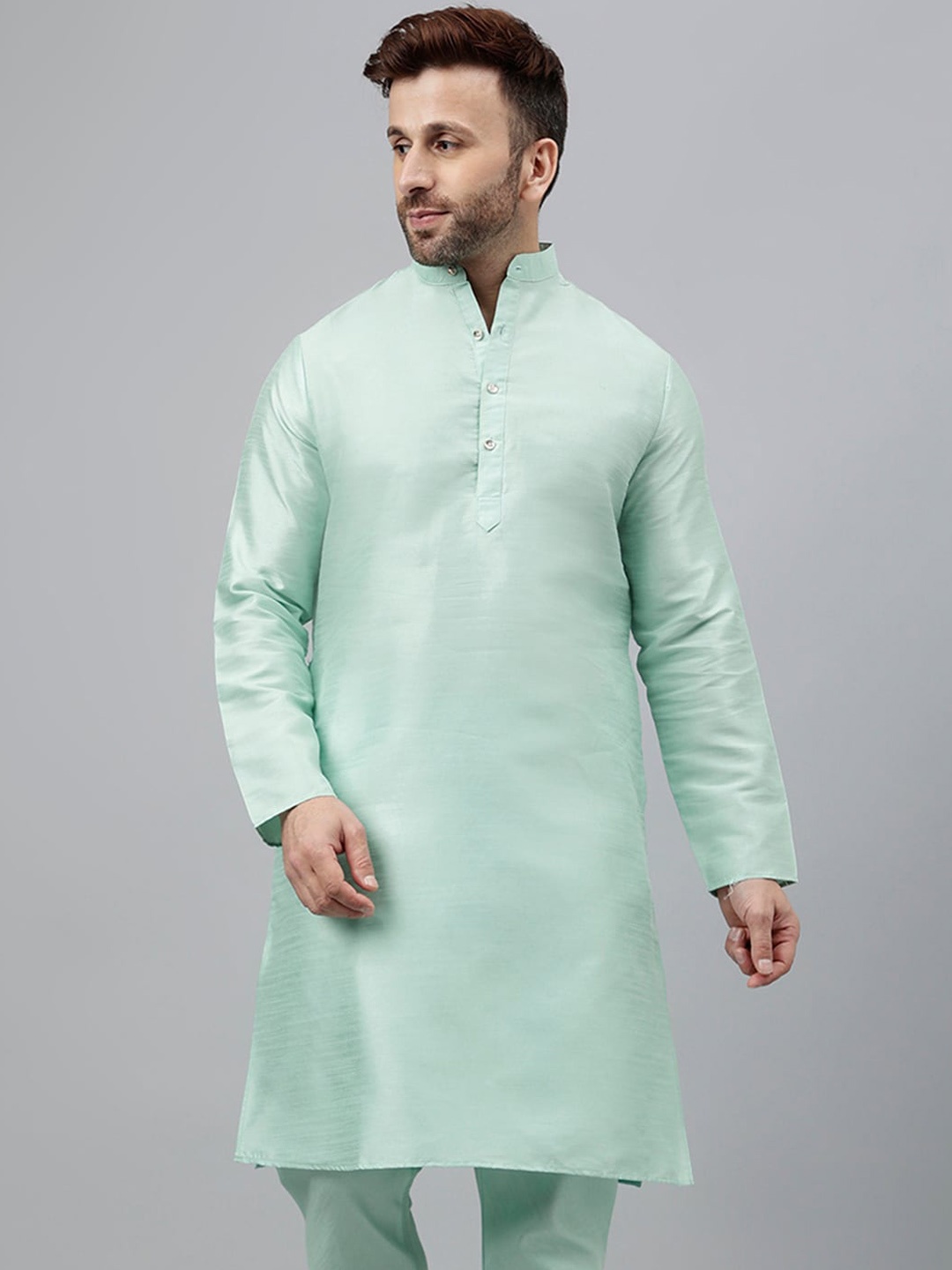 

Hangup Band Collar Long Sleeves Straight Kurta, Green