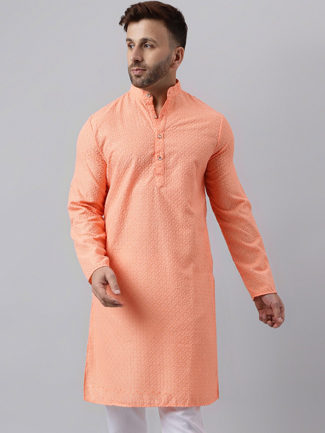 

Hangup Ethnic Motifs Embroidered Band Collar Thread Work Straight Kurta, Peach