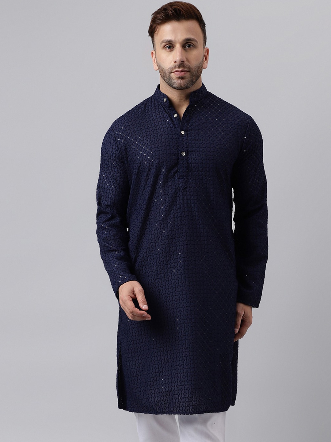 

Hangup Ethnic Motifs Embroidered Band Collar Sequins Straight Kurta, Navy blue