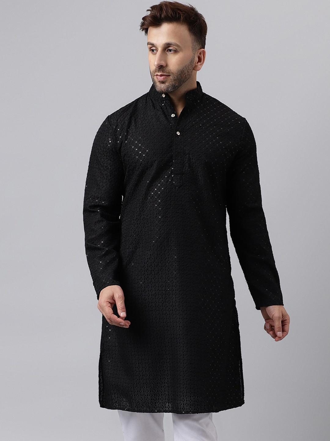 

Hangup Ethnic Motifs Embroidered Band Collar Sequins Straight Kurta, Black