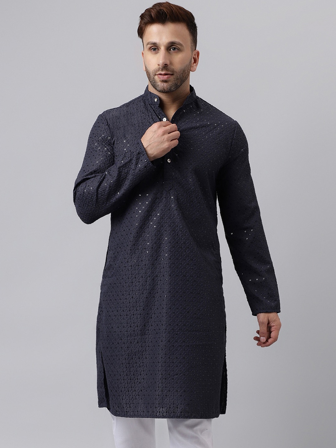 

Hangup Ethnic Motifs Embroidered Band Collar Sequins Straight Kurta, Black