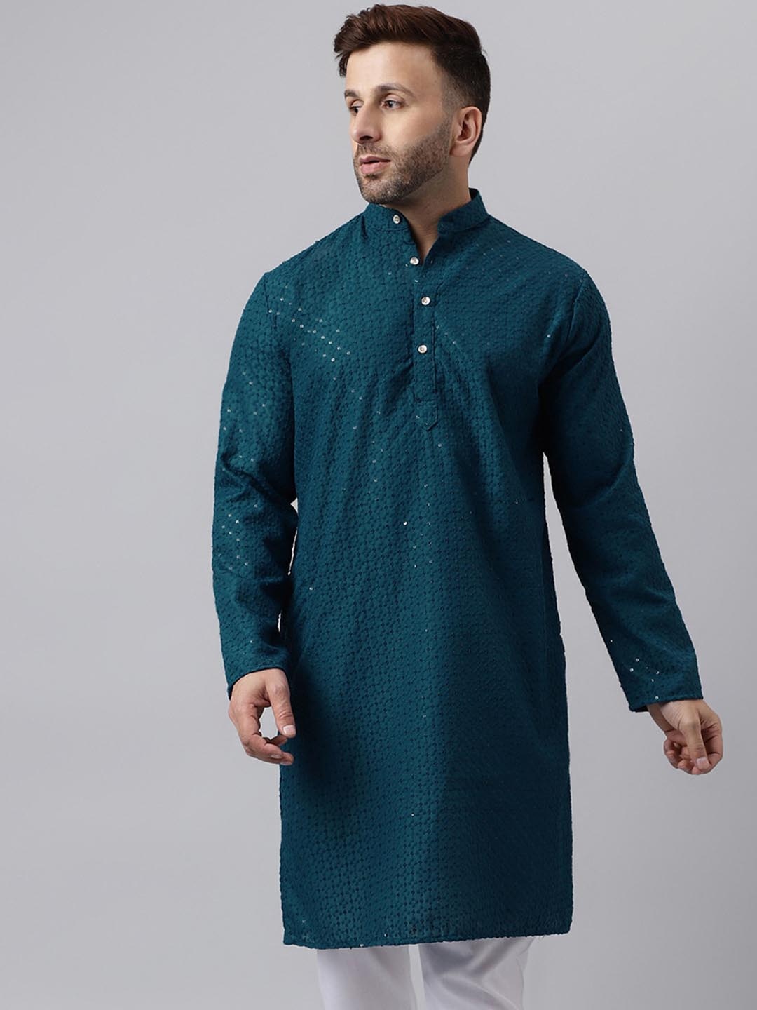 

Hangup Ethnic Motifs Embroidered Band Collar Sequins Straight Kurta, Green