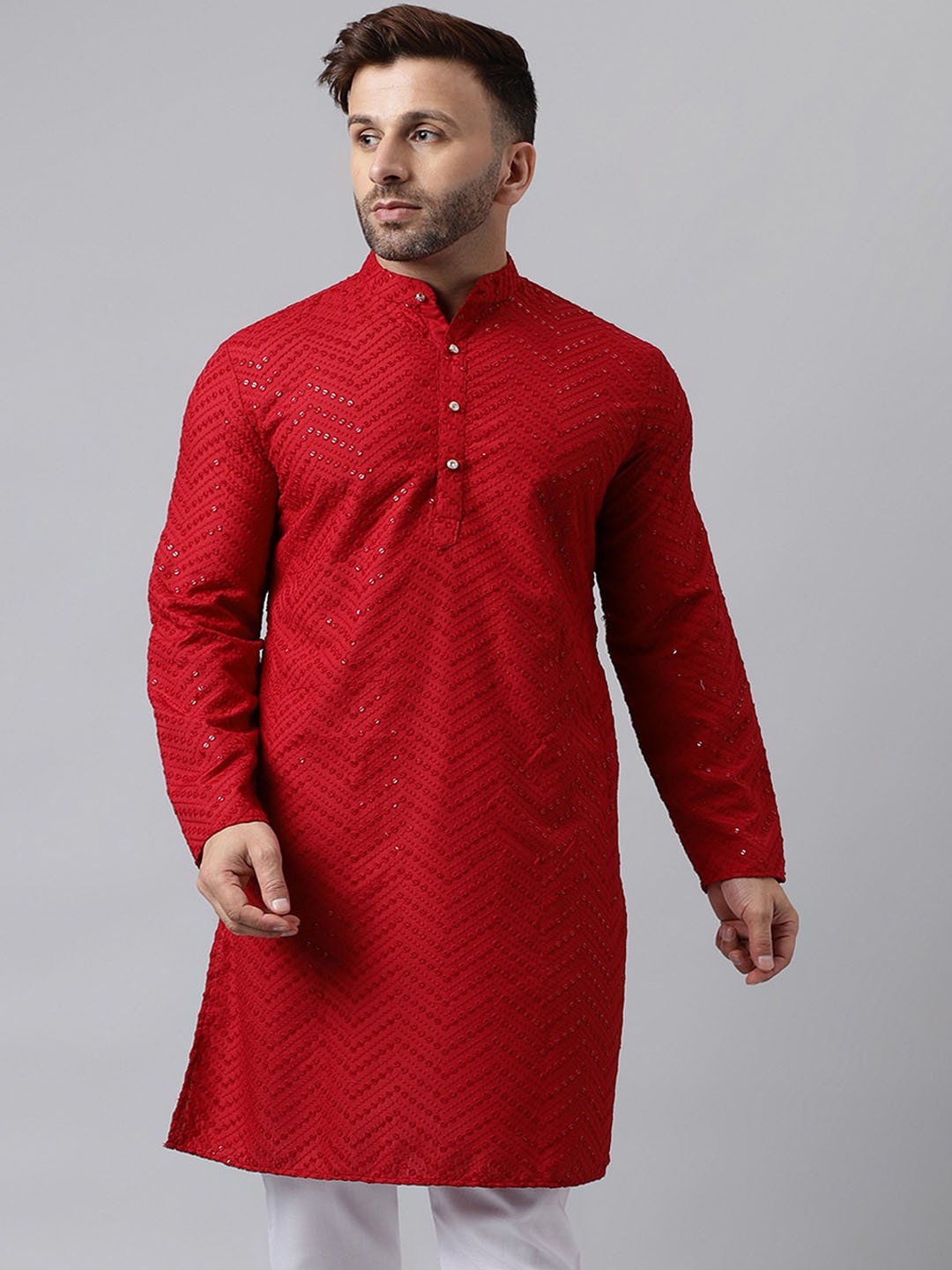 

Hangup Ethnic Motifs Embroidered Band Collar Sequins Straight Kurta, Red