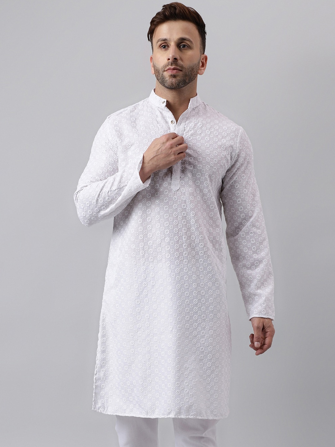 

Hangup Ethnic Motifs Embroidered Band Collar Thread Work Straight Kurta, White