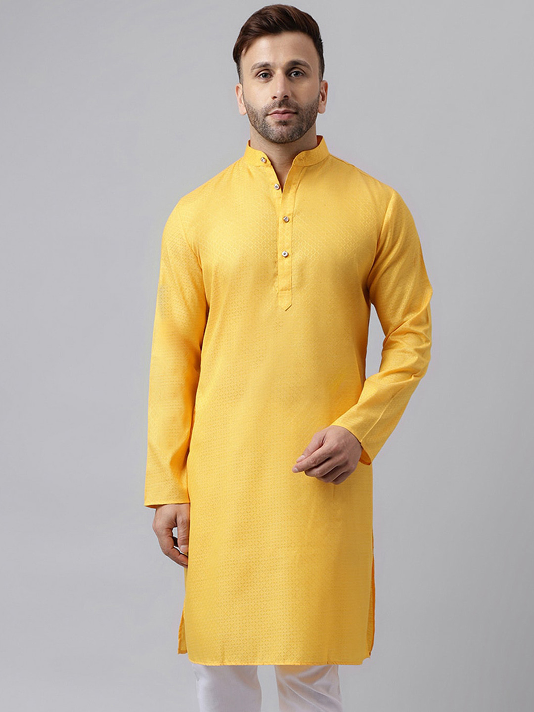 

Hangup Ethnic Motifs Band Collar Straight Jacquard Kurta, Yellow