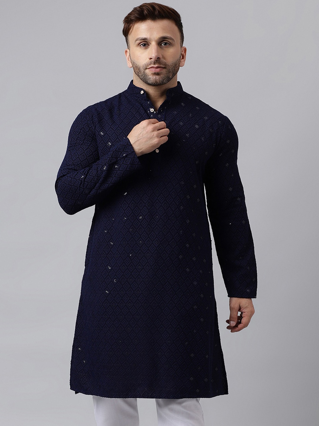 

Hangup Mandarin Collar Embellished Sequinned Kurta, Navy blue