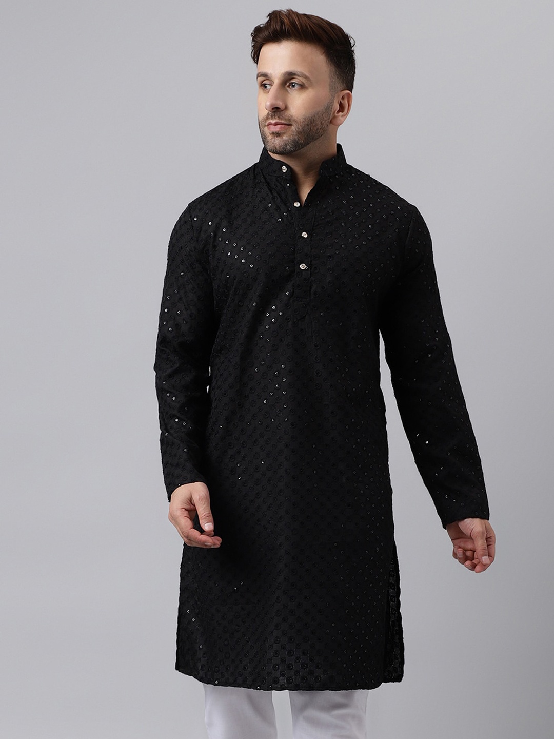 

Hangup Mandarin Collar Embellished Sequinned Kurta, Black