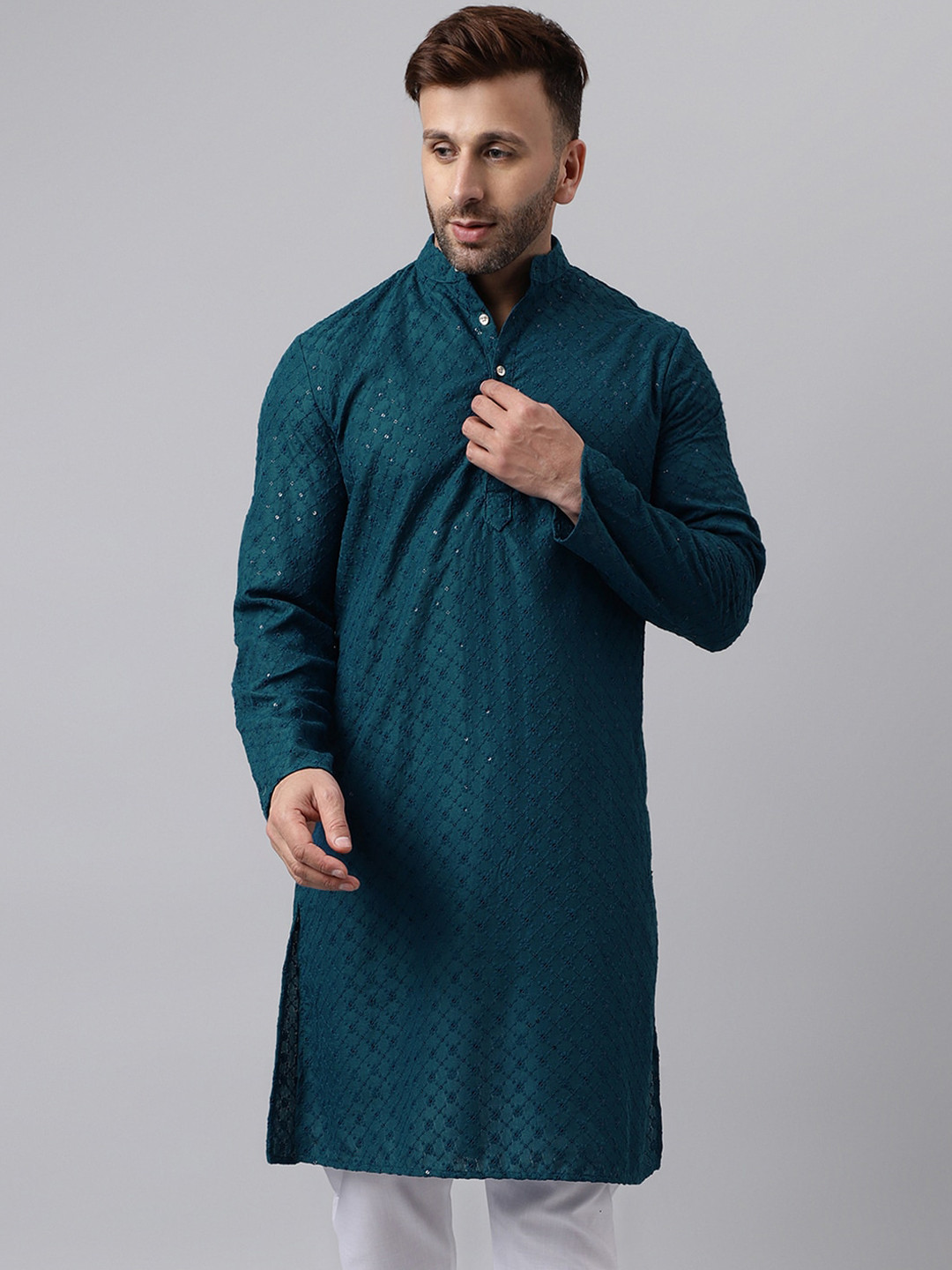 

Hangup Mandarin Collar Embellished Sequinned Kurta, Teal