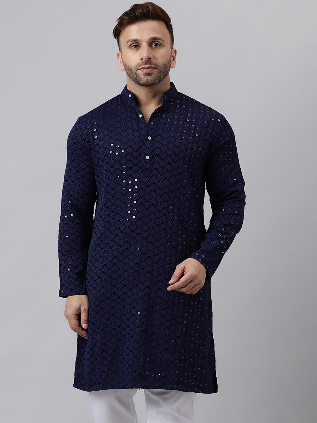 

Hangup Mandarin Collar Embellished Sequinned Kurta, Navy blue