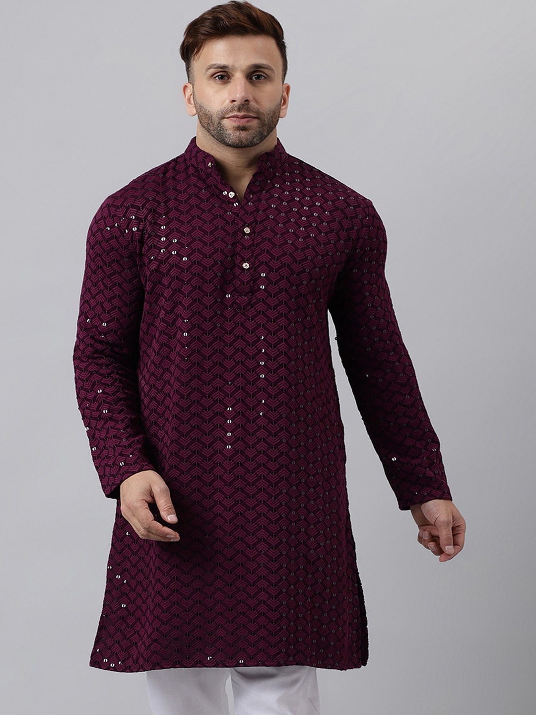 

Hangup Sequinned Embellished Mandarin Collar Straight Kurta, Burgundy