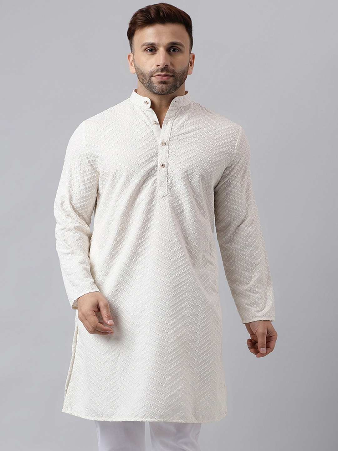 

Vgyaan Chevron Embroidered Band Collar White Romance Straight Kurta