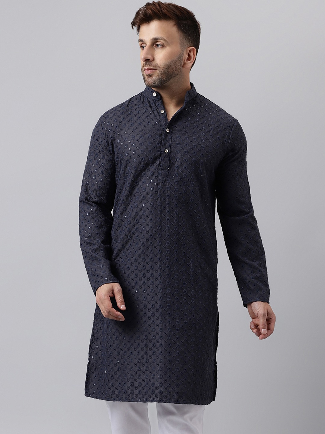 

Vgyaan Ethnic Embroidered Mandarin Collar Straight Kurta, Black