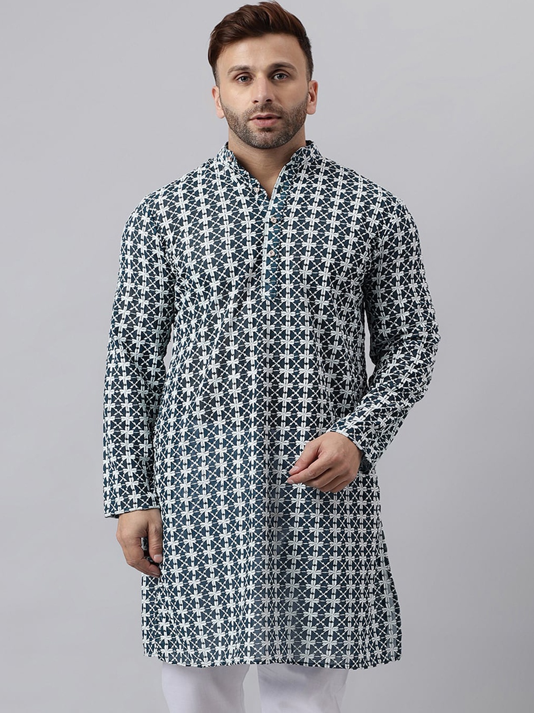 

Vgyaan Ethnic Printed Mandarin Collar Straight Kurta, Blue