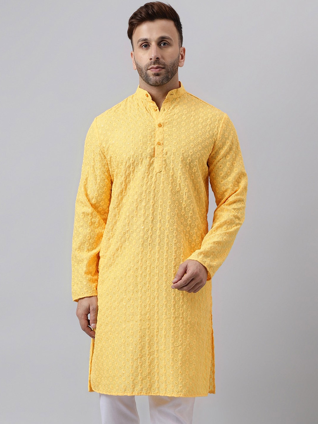 

Vgyaan Geometric Embroidered Band Collar Sequined Straight Kurta, Yellow