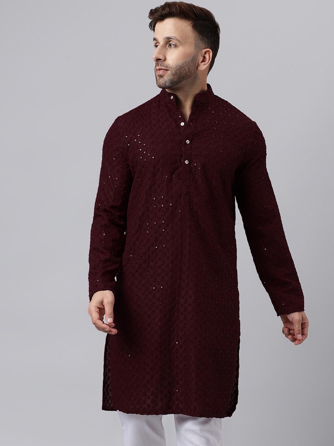 

Vgyaan Ethnic Motifs Embroidered Mandarin Collar Sequinned Straight Kurta, Maroon