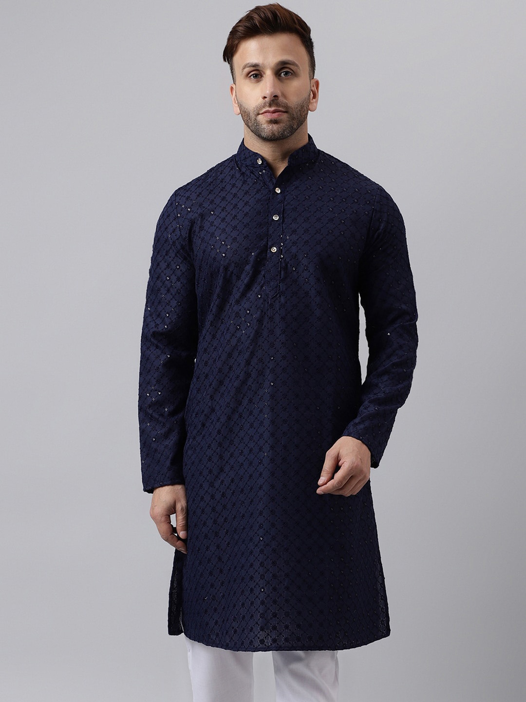 

Vgyaan Ethnic Motifs Embroidered Mandarin Collar Sequinned Straight Kurta, Navy blue