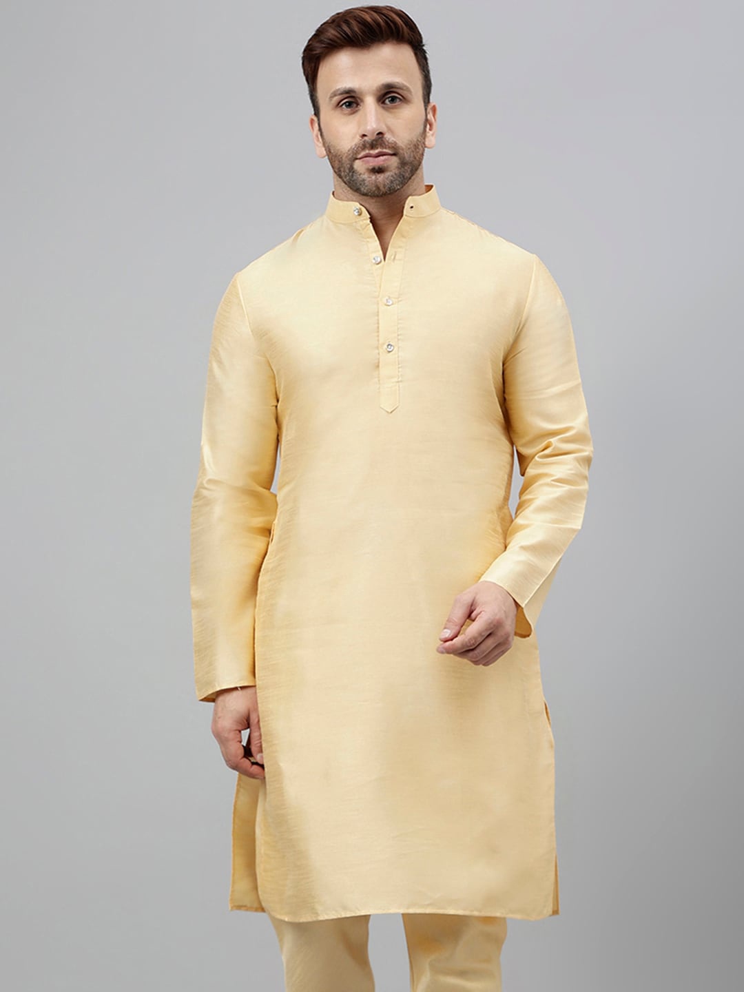 

Vgyaan Mandarin Collar Straight Dupion Silk Kurta, Beige