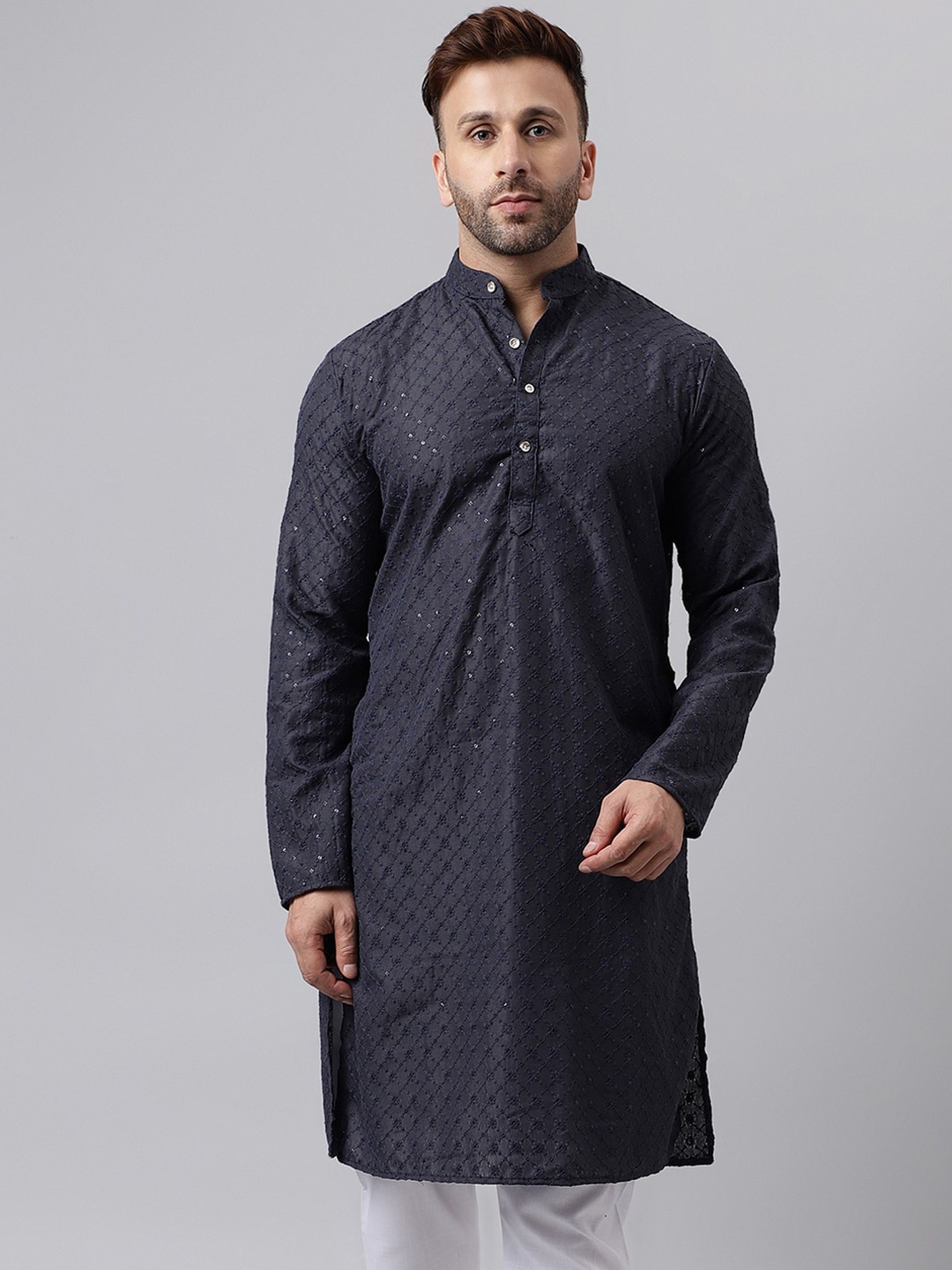 

Vgyaan Geometric Embroidered Band Collar Sequined Straight Kurta, Black